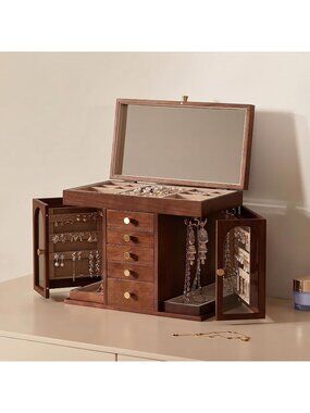 Walnut 6Layer D Wooden Jewelry Box for Women Organizer with 2 Side Door & Mirror